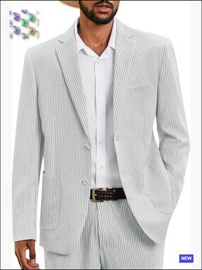 Seersucker Pinstripe Slim Fit Suit Lightweight Summer Formal Wedding Prom Party